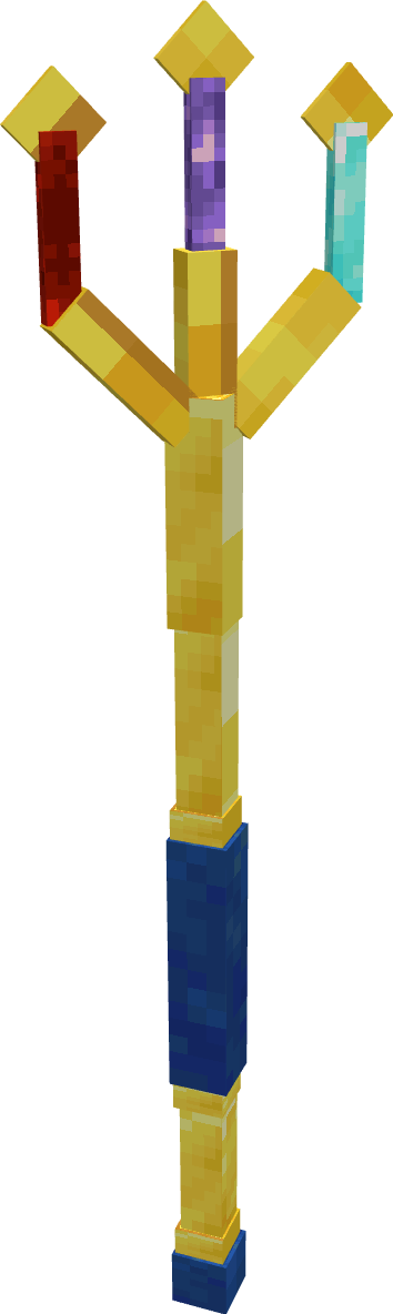 Proxy Trident A large, golden trident. There is lapis lazuli on parts of the handle. One prong has redstone, the second has amethyst, and the third has diamond.